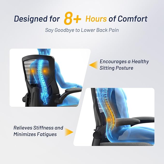 Office Desk Chair for Long Hours & Lower Back Pain Relief – 4“ Thick Molded Foam Cushion, Enhanced Lumbar Support, Padded Flip-up Armrests, Ideal for Office or Study, Dark Gray