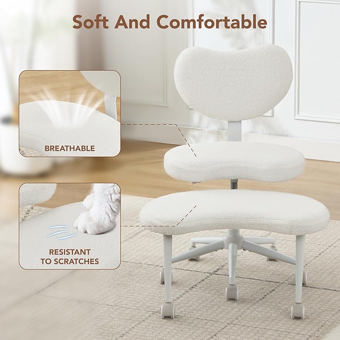 Ergonomic Cross Legged Chair with Wheels,360° Swivel Meditation Chair,ADHD Chair, Criss Cross Desk Chair with Lumbar Support and Adjustable Stool, Flexible Design for Fidgety Sitters, Ivory