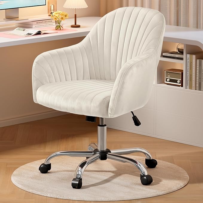 Warmiehomy Velvet Desk Chair for Home Office, Modern Adjustable Swivel Task Chair, Women Vanity Chairs with Arm Rest for Bedroom Dressing Room, Beige