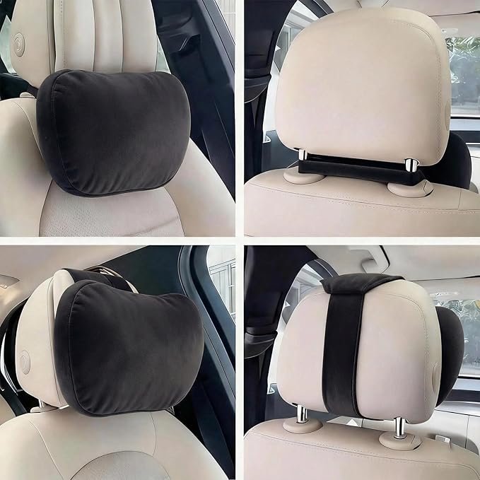 2PCS Car Pillow for Car Neck Pillow for Driving Seat Leather Neck Support Soft Cushion Back Support Head-Rests for Vehicle Sleeping with Elastic Adjustment Strap (Black, Head)