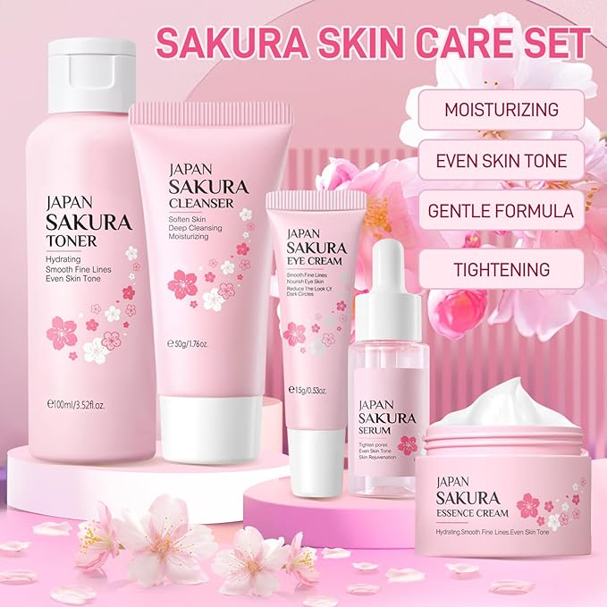 Sakura Skincare Set, Cherry Blossom Skin Care Sets & Kits, Skin Care for Girls 10-12, Including Cleanser, Toner, Serum, Eye Cream, Facial Cream, Travel Size Skincare Set for Women Girls