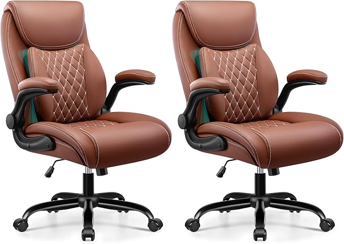 Office Chair,Ergonomic Office Chair with Lumbar Support for Lower Back Pain Relief, Executive Leather Chair with Padded Flip-up Arms, Wheels and Adjustable Armrests, Brown Pack of 2