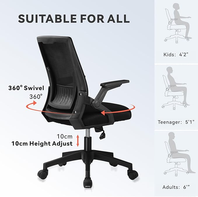 GTPLAYER Ergonomic Office Chair with Flip-up Armrests Executive Computer Chair for Home Office, Breathable Mesh & Comfy Lumbar Support, Black