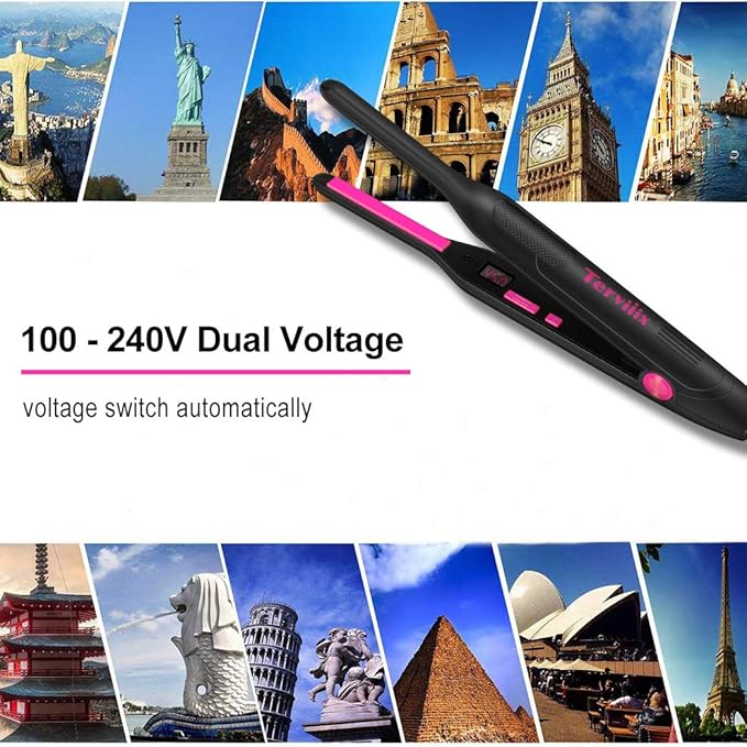 Terviiix Pencil Flat Iron, Small Flat Irons for Short Hair, Beard and Pixie Cut, 3/10 Inch Ceramic Tourmaline Mini Hair Straightener Dual Voltage with Adjustable Temperature, Auto Shut Off