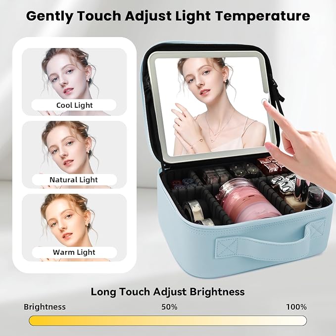 Travel Makeup Bag with LED Mirror and Light Travel Makeup Case Cosmetic Organizer Portable Cosmetic Brush Organizer Bag with Adjustable Dividers for Cosmetics Makeup Brushes Toiletry(Baby Blue)
