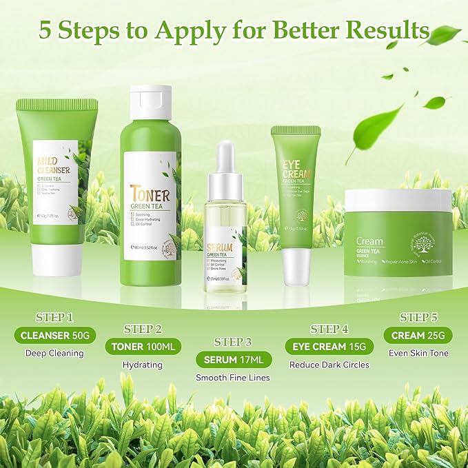 Green Tea Skin Care Set, Green Tea Skin Care for Teens 10-12, Gentle Moisturizing Face Care Kit with Cleanser, Toner, Serum, Eye Cream & Cream, Travel Size Facial Kit for Women Girls