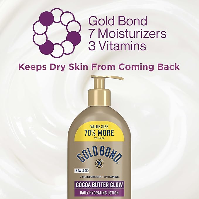 Gold Bond Cocoa Butter Glow Daily Hydrating Lotion with Cocoa Shea Butter & Coconut Oil, Exfoliating and Moisturizing Lotion for Dry Skin, 24 oz