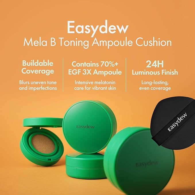 Easydew Mela B Toning Ampoule Cushion - 2-in-1 Korean Skin Care & Face Beauty Makeup - Age-Defying Full Coverage Cushion Foundation with Niacinamide & Hyaluron-Vital C 0.45 oz (#33 Almond)