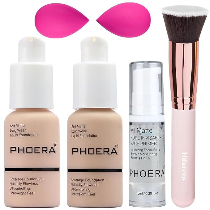 PHOERA Matte Liquide Foundation Full Coverage - Kabuki Makeup Brushes (101 Porcelain + 102 Nude)