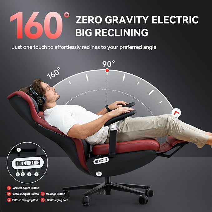 EMIAH GT100 Electric Ergonomic Office Chair with Foot Rest, Sustainable Leather Reclining High Back Desk Chair with Adjustable Headrest, 8D Coordinated Armrests Computer Chair with Lumbar Support（Red）