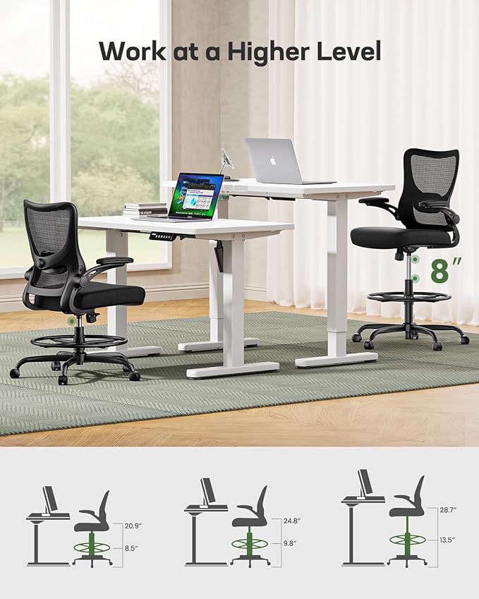 Marsail Drafting Chair, Tall Office Chair with 2D Lumbar Support, Standing Desk Chair,High Office Chair with Padded Flip-Up Armrests & Adjustable Footrest Ring, Ebony