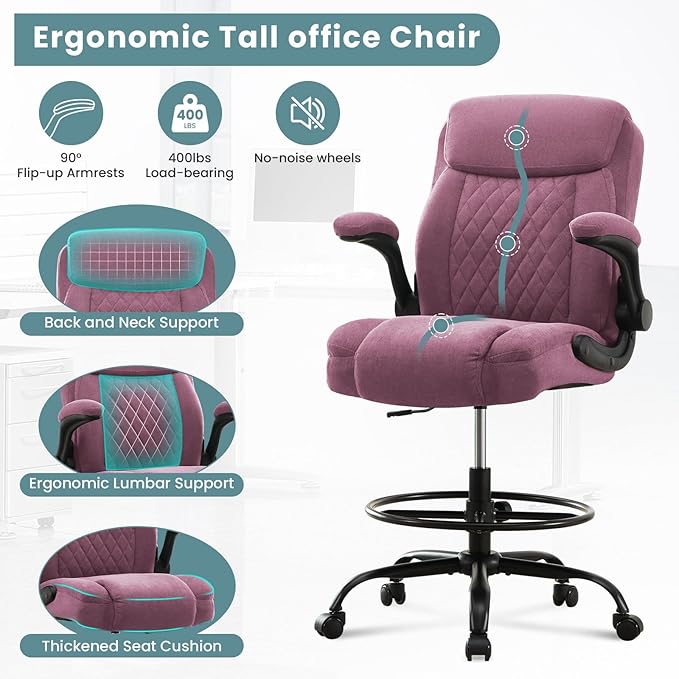 Drafting Chair for Standing Desk – Tall Office Chair with Adjustable Height & Foot Ring, Flip-Up Arms, Lumbar Support – Comfortable Fabric Seat, Ideal Home Desk Chair