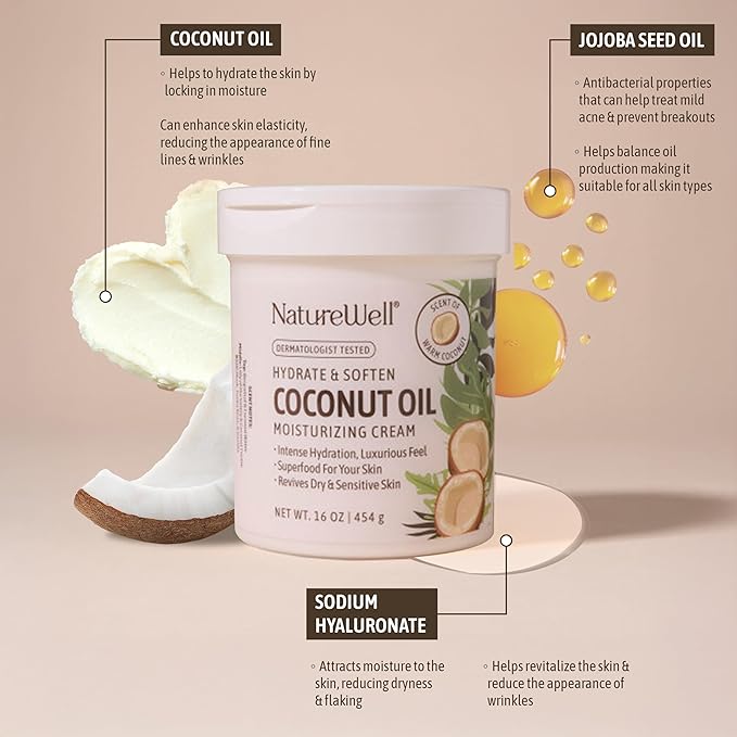 NATURE WELL Coconut Oil Moisturizing Cream for Dry Skin – Deep Hydration Lotion for Face, Body & Hands, Spa Quality Skincare, Softens & Smooths, Non-Greasy, Fast Absorbing, Vitamins A C E, 10 Oz