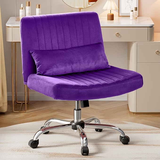 Warmiehomy Velvet Criss Cross Chair with Wheels, Cross Legged Office Chair, Comfy Desk Chair for Home Office, Ergonomic Computer Chair, Wide Seat Vanity Chair, Birthday Gift for Women, Purple