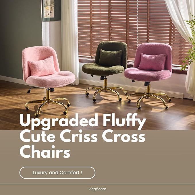 VINGLI Wide Criss Cross Legged Office Chair,Buttprint Ergonomic Desk Chair Comfy with Pillow&Gold Base,Dual-Use with/no Wheels,Adjustable Vanity Swivel Chair for Bedroom,Home Office,Teddy Fleece,Green