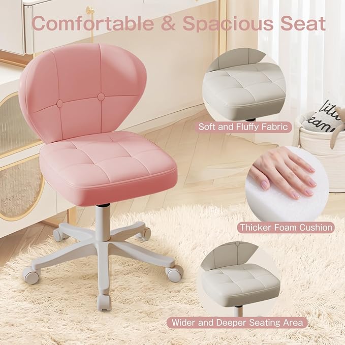Vanity Chair with Back – Small Armless Office Chair with Wheels, Lumbar Support, PU Leather, Adjustable Height, 360° Swivel for Home, Bedroom, Office Pink Set of 2