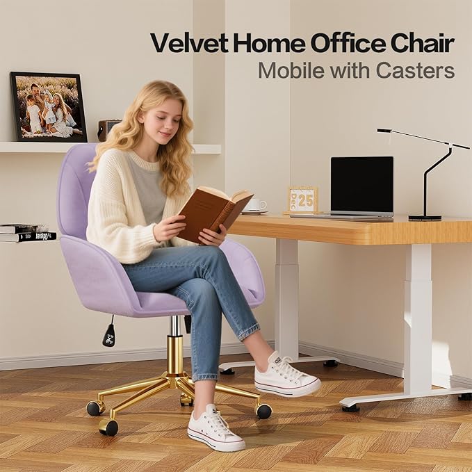 Home Office Desk Chair Comfy with Adjustable Swivel Wheels, Modern Velvet Makeup Vanity Chair with Back & Pillow, Ergonomic Office Chair Computer Task Chair for Living Room, Bedroom, Purple