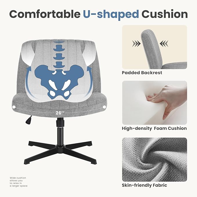 DUMOS Criss Cross Legged Office Chair, Armless Wide Seat No Wheels, Modern Home Desk Seating Swivel Height Adjustable Fabric Vanity for Bedroom