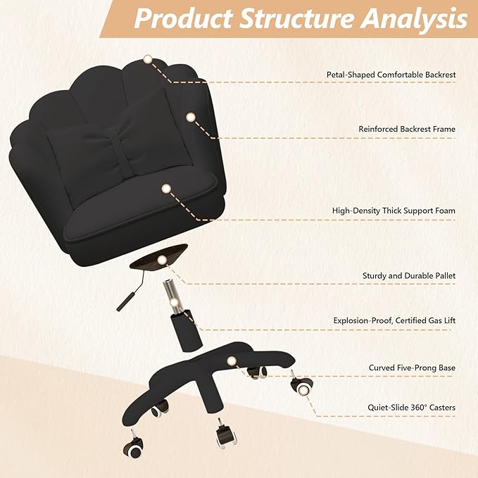Home Office Desk Chair Swivel Rolling Vanity Chair with Silent Wheels and Comfortable Back, Adjustable Height Upholstered Computer Task Chair for Makeup, Bedroom