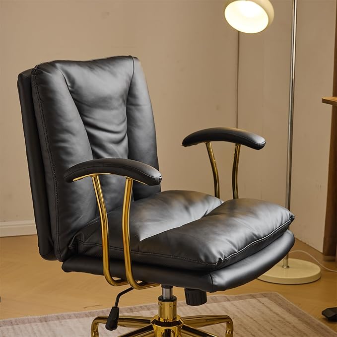 VINGLI Home Office Desk Chair Comfy with Wheels & Removable Armrests,Gold Base Vanity Chair with Back, Adjustable Rolling Swivel Computer Task Chair for Study,Makeup,Office,Bedroom,PU Leather,Black