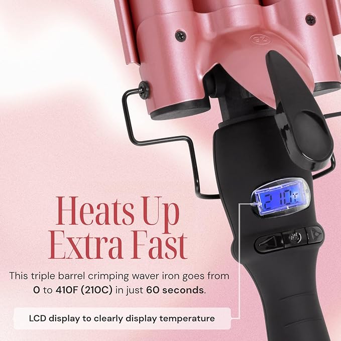 Alure Three Barrel Curling Iron Wand with LCD Temperature Display - 1 Inch Ceramic Tourmaline Triple Barrels, Dual Voltage Crimping Tool, Best Hair Waver for Beachy/Frizz Free Waves (Rose Gold)