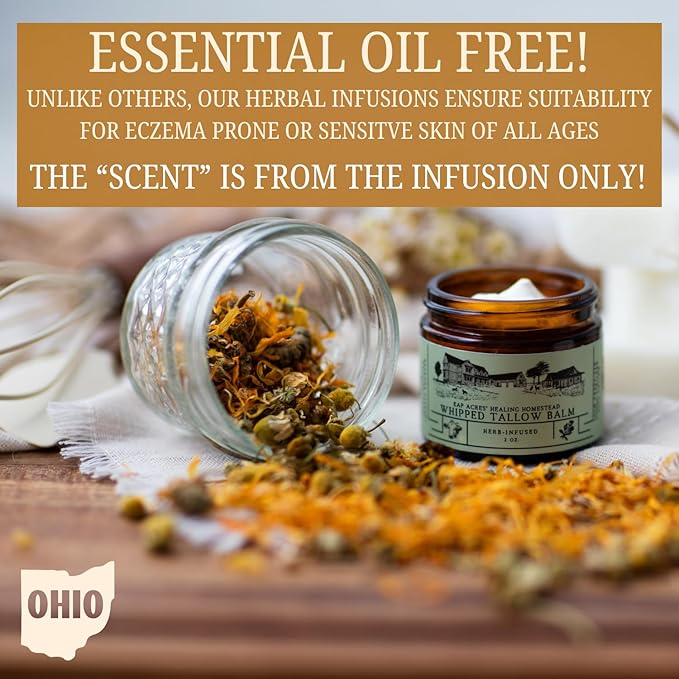 100% Grass-Fed Whipped Tallow Balm & Organic Jojoba Oil infused:Organic Calendule & Chamomile: face & body moisturizer-dry, baby, sensitive skin/eczema, psoriasis (HERB-INFUSED/UNSCENTED)
