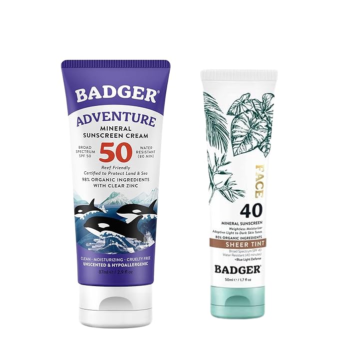 Badger Mineral Sunscreen SPF 50 and Tinted Sunscreen for Face SPF 40