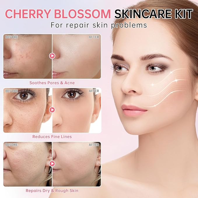 JAPAN SAKURA Skin Care Set, Cherry Blossom Skincare Set for Teen Girls & Women, Moisturizing & Repairing Skin, 4 Pcs Collagen Skin Care Kits for Travel with Facial Cleanser, Serum, Cream & Eye Cream