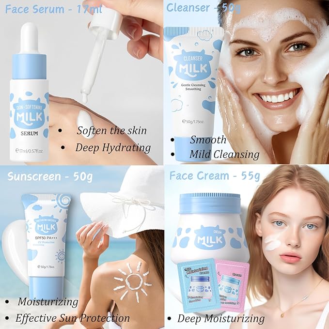 Milk Skin Care Kit Teenage Girls Gifts - 11PCS Skin Care Set Nourishing - Skin Care for Teens 10-12 - Smooth & Hydrating Skincare Gift Set - with Toner,Eye Cream,Serum,Facial Sponges,Headband
