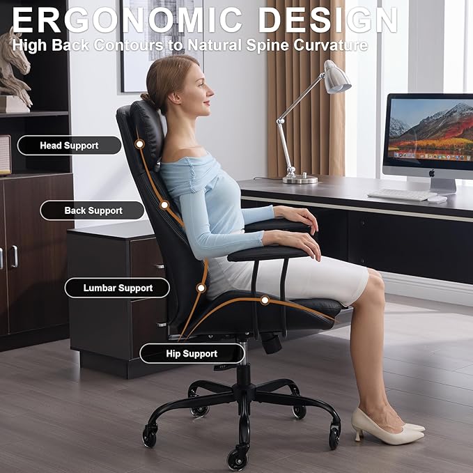 Office Chair, Leather Desk Chair with Rubber Wheels, Ergonomic Computer Chair 500 LBS with Lumbar Support, High Back Executive Chair for Modern Home Office, Black