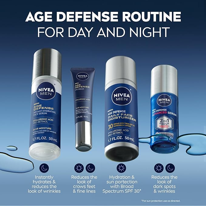 NIVEA MEN Age Defense Instant Hydrating Face Serum for Dry Skin, With Pro-Retinol and Hyaluronic Acid, Facial Serum Helps Reduce Look of Fine Lines and Wrinkles, 1.7 Fl Oz Bottle