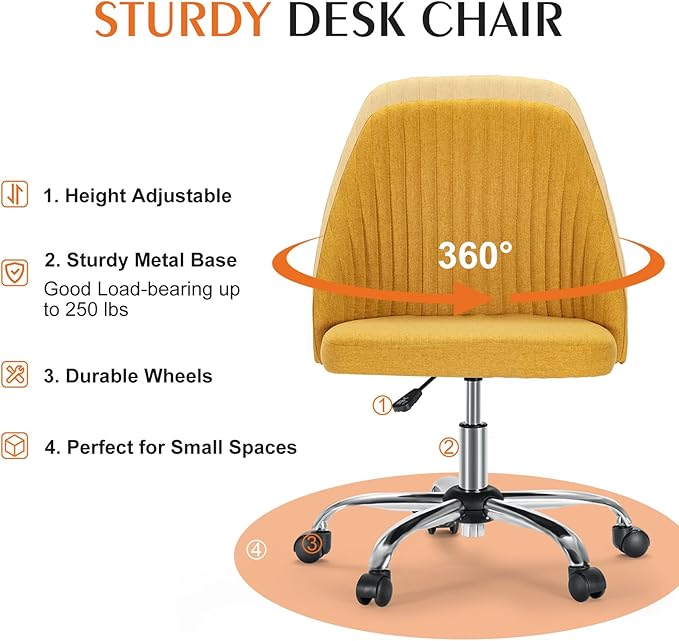 Sweetcrispy Armless Vanity Chair, Cute Comfy Home Office Desk Chair with Wheels, Modern Upholstered Task Computer Seat for Bedroom, Study, Makeup Vanity, Height Adjustable & Swivel, Yellow