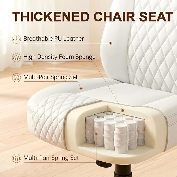 GTPLAYER Leather Office Chair, Home Desk Chair with Flip-up Arms and Ergonomic Back - Comfy Heavy Duty Executive Chair for Home Office Gaming, White