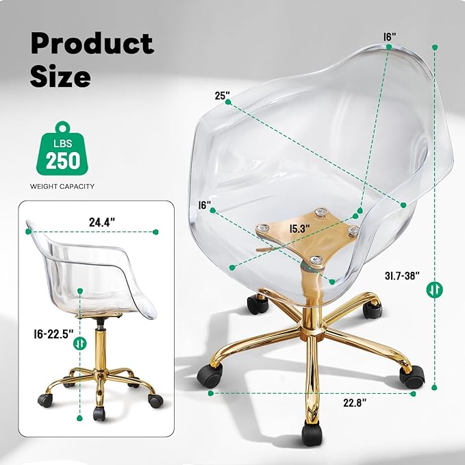 Lessmore Clear Desk Chair, Adjustable Acrylic Home Office Chair with Wheels, Swivel Vanity Rolling Chair Swivel Task Chair for Office, Home, Make Up, Small Space, Bed Room(Gold)