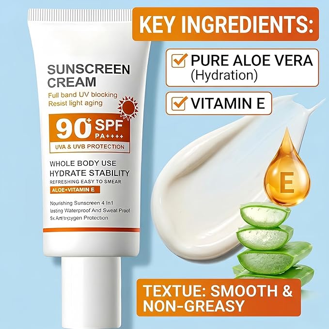 SPF 90+ Sunscreen Cream 2 Pack, Broad Spectrum UVA/UVB Protection Face & Body Sun Lotion with Aloe Vera & Vitamin E, Lightweight, Non-Greasy, Water & Sweat Resistant Daily Sun Defense