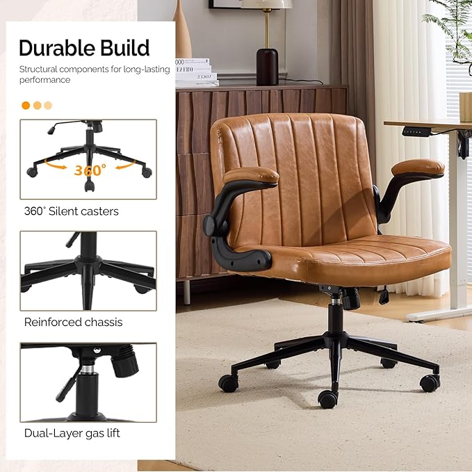 VINGLI Criss Cross Chair with Adjustable Flip-Up Arms,Cross Legged Chair with Wheels, Extra Wide Office Chair,Comfortable Desk Chair for Home Office, Vanity, Bedroom,PU Leather,Clay