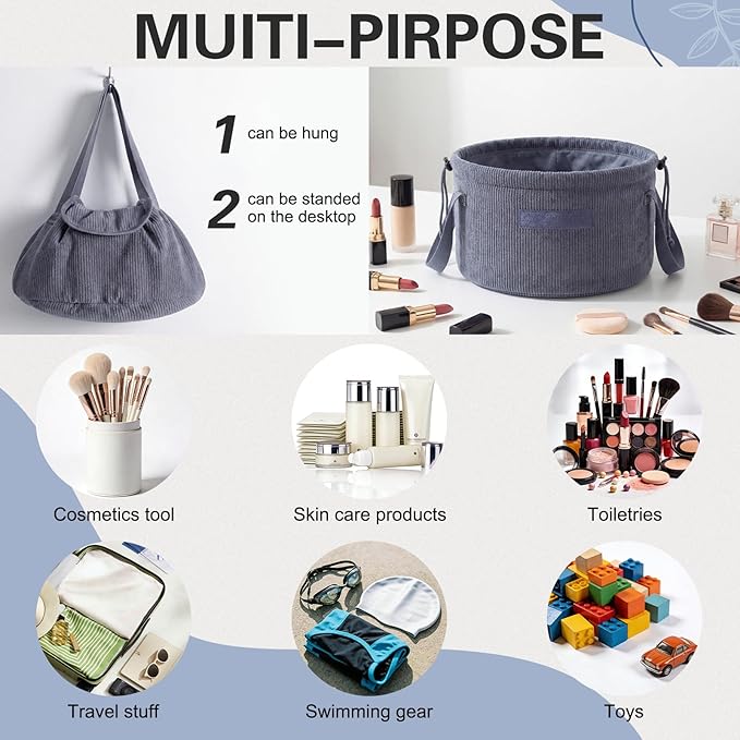 makeup bag lay flat Lay Flat Barrel Drawstring Corduroy Makeup Bag for Women Portable Open-flat Large Capacity Travel Cosmetic Organizer, Skincare & Brush Storage(Dark Gray)