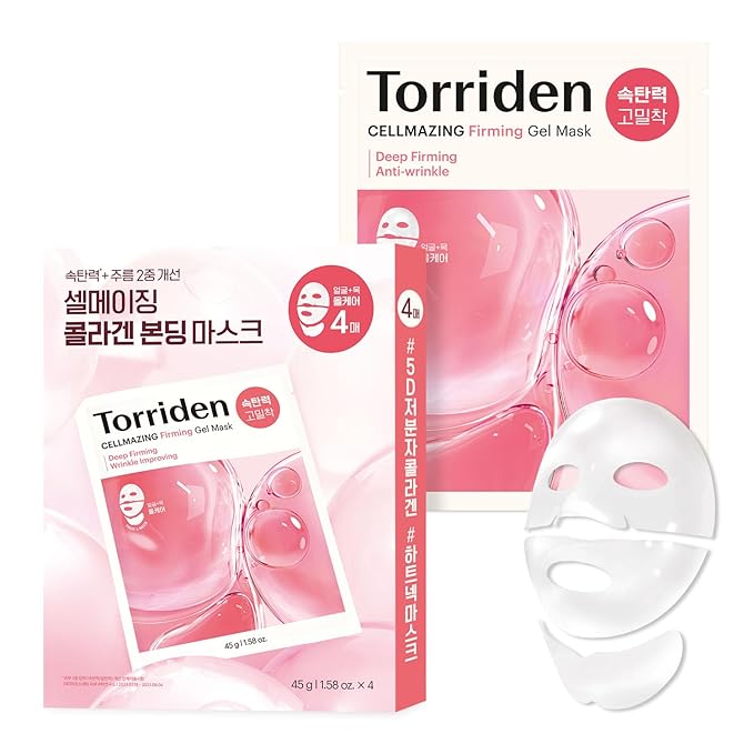 Torriden CELLMAZING Collagen Firming Gel Sheet Mask for Face & Neck (4 Pack) | Smoother, Firmer-Looking Skin with 5D Collagen Complex | Korean Skincare Mask
