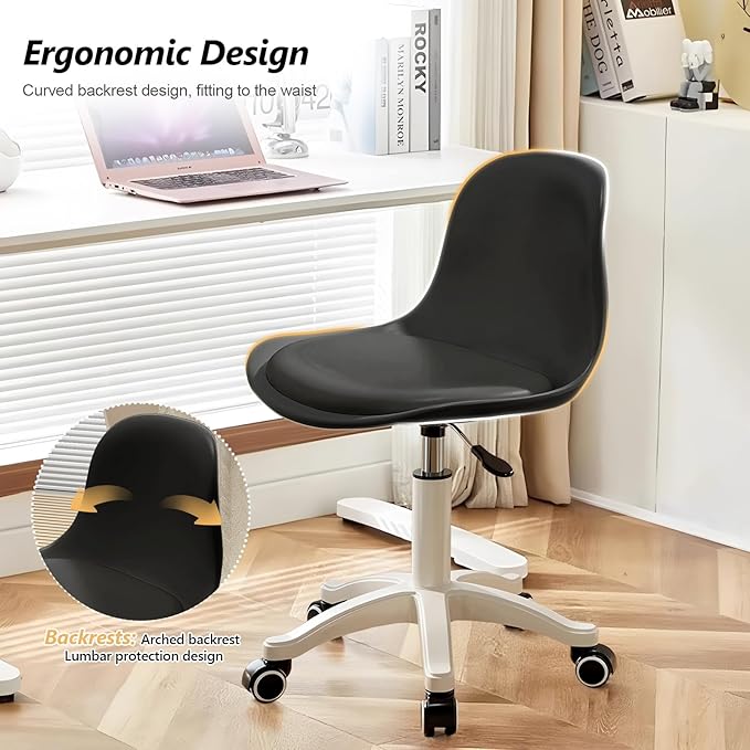 Small Desk Chair Cute Armless Task Vanity Chair with Soft Padded Cushion, Plastic Height Adjustable Home Office Chairs for Teens Girls,Black Set of 1