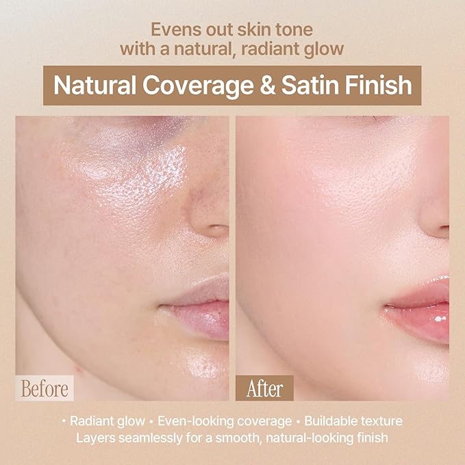 Natural Cover Glow Cushion Foundation | Satin Radiant Finish | Korean Foundation Makeup | Long-Lasting Natural Coverage | for All Skin Types 0.42 oz. (23N Natural Beige)