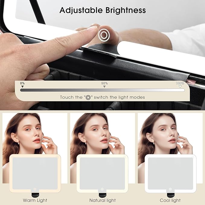 11.4 Inch Extra Large Makeup Bag with LED Lighted Mirror Leather Cosmetic Train Case Light up Mirror Portable Makeup Artist Storage Bag with Dividers Makeup Brush Holder Vanity Black