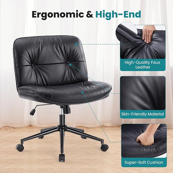 OLIXIS Criss Cross Chair with Wheels Armless Wide Cross Legged Vanity Office Desk Chair with Comfy PU Leather& Back - Swivel for Home Office Bedroom, Black