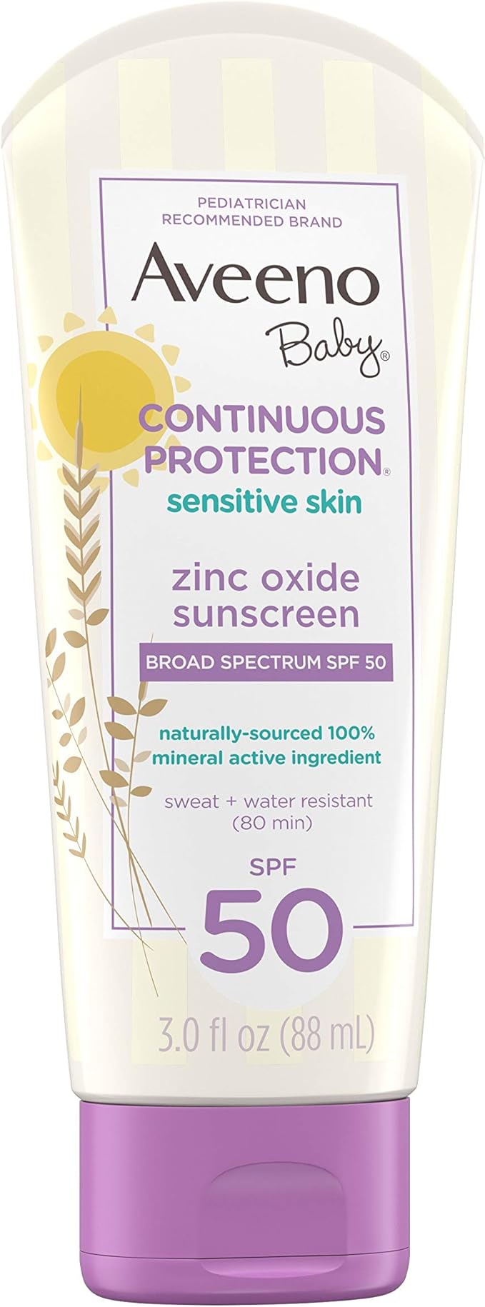 Aveeno Baby Continuous Protection Zinc Oxide Mineral Sunscreen Lotion for Sensitive Skin, Broad Spectrum SPF 50, Tear-Free, Sweat- & Water-Resistant, Paraben-Free, Travel-Size, 3 fl. oz