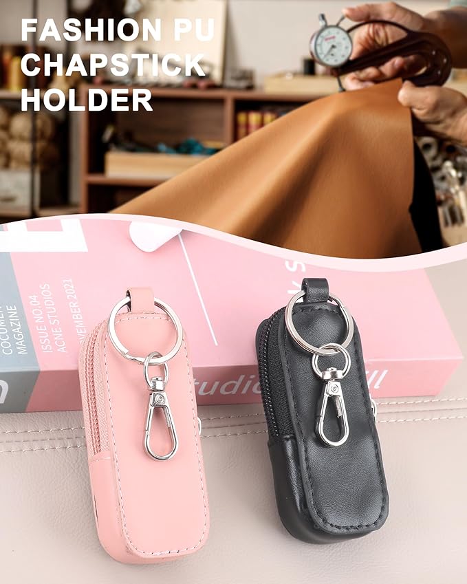 Lip Balm Holder Chapstick Holder Keychain Fashion Pu Leather Lipstick Pouch Lip Gloss Holder With Hook (Pink)