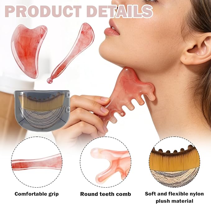 Lymphatic Contour Face Brush,Face Brush for Lymphatic Drainage,Guasha Brush for Face with 3-Piece Gua Sha Set for Face, Ergonomic Daily Dry Brush for Drainage with Bian Stone Gua Sha Facial Tools
