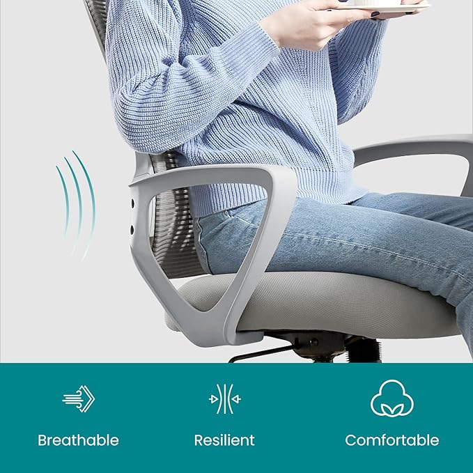DUMOS Home Office Desk Chair - Ergonomic Mid Back with Lumbar Support & Fixed Armrest, Height Adjustable with Rocking Mode, Storage Back for Computer, Gaming, Conference, 360° Swivel, Grey