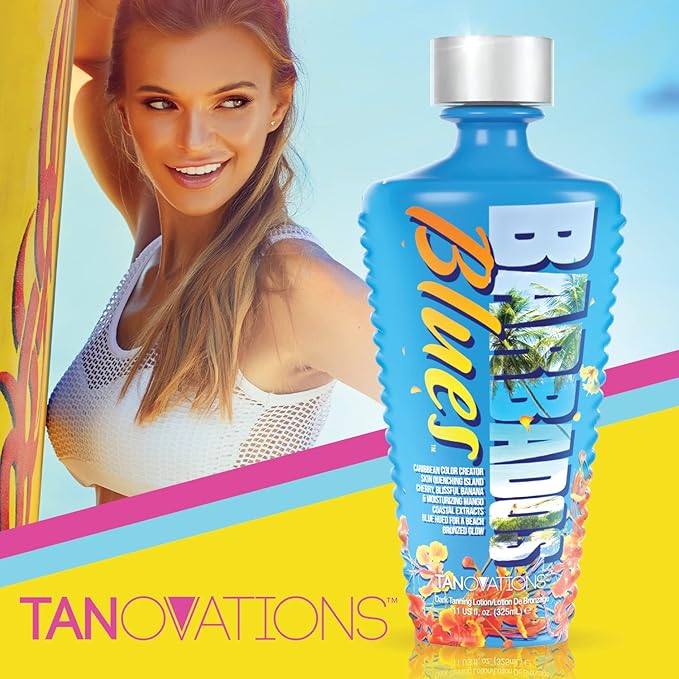 Tanovations Barbados Blues Tanning Lotion - Caribbean Color Creator Skin Quenching Island Cherry, Blissful Banana & Moisturizing Mango Coastal Extracts Blue Hued for a Beach Bronzed Glow - 11 oz.