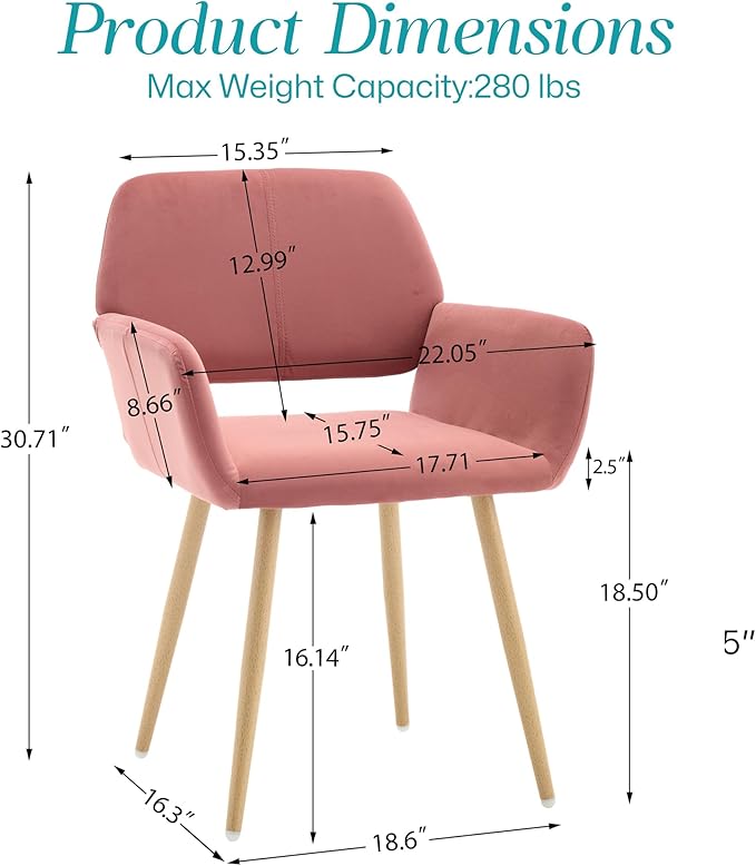 Home Office Velvet Desk Chair, Makeup Vanity Chair, Comfy Accent Armchair with Wood Grain Metal Legs, Cute Dining with Hollowed Back, Rose