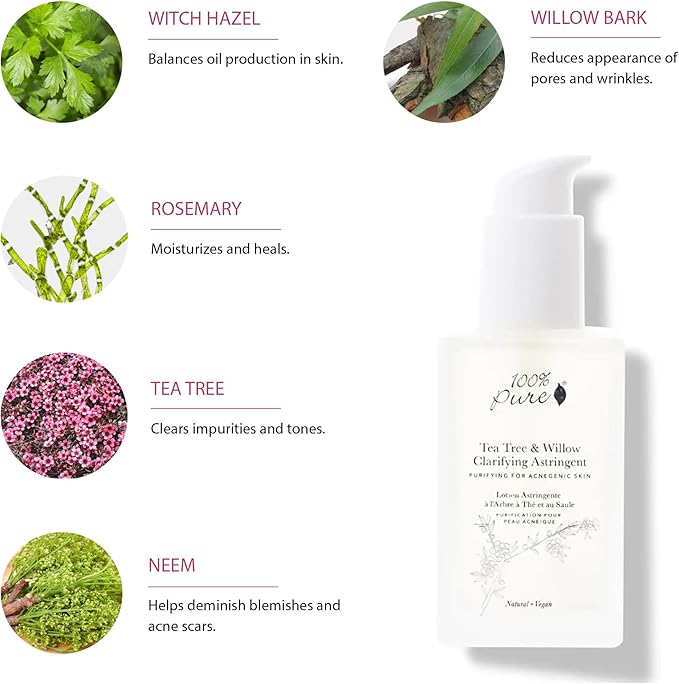 100% PURE Tea Tree & Willow Clarifying Astringent - Purify, Soothe & Nourish Acne Breakouts & Blemishes Without Stripping for Oily, Combination Skin Types - Alcohol Free, Hydrating Toner - 4 Fl Oz