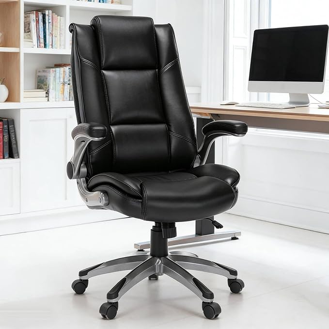 Leather Executive Office Chair - High Back Home Computer Desk Chair with Padded Flip-up Arms, Adjustable Tilt Lock, Swivel Rolling Ergonomic Chair for Adult Working Study, Black